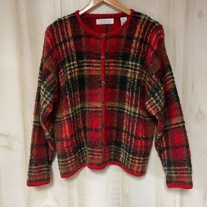 Vintage Portraits Red Plaid Holiday Wool Mohair Cardigan Sweater Sz L